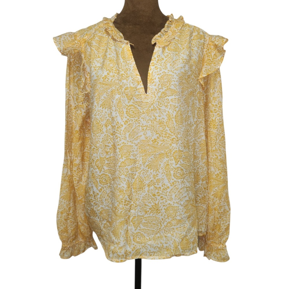 J.Crew Blouse Womens Size L Long Sleeve Yelllow Paisley Ruffle Lightweight Top